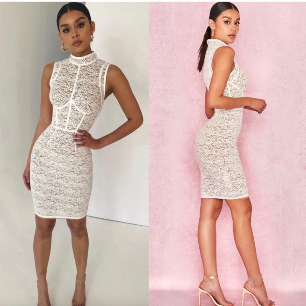 House of CB Caitlyn White + Beige Lace Dress Bodycon Corset High Neck Bridal